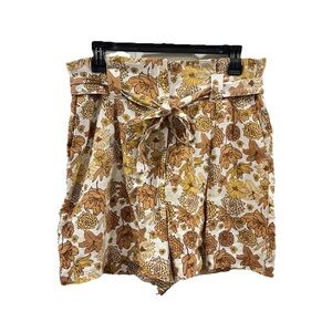 C&C California Floral Print Linen Blend High Waisted Shorts Brown Cream Size 4